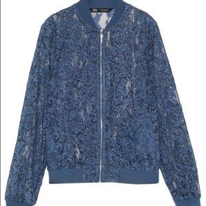Zara Blue Semi-Sheer Lace Bomber Jacket